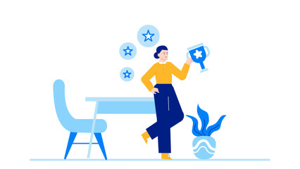 Woman holds a trophy near a table. Suitable for success, achievement, competition, and awards concept commercial and editorial projects.