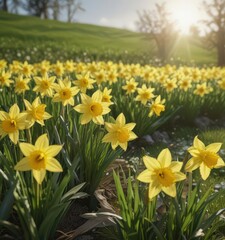 Fototapeta premium Close-up of cheerful daffodils basking in sunlight, green field background , outdoor photography, meadow