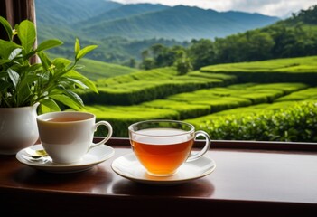 There's a cup of tea and a saucer on the table