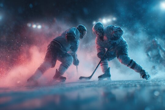 Ice Hockey Action and Intensity. Players battling for puck on ice rink with dramatic lighting.
