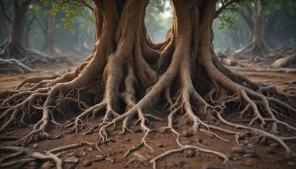 Intricate root system, exposed tree roots, rich soil, flora, brown