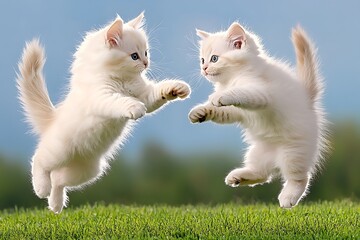 Obraz premium Playful white kittens jumping in green grass outdoor scene photography natural environment close-up view