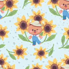 Seamless pattern cartoon of little bear wearing overalls, a straw hat and sunflowers. It is a kawaii character cartoon. Pattern design for wrapping paper, wallpaper and fashion prints.