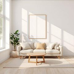 Fototapeta premium square layout of minimal scandinavian living room with empty frame, beige sofa and monstera plant in soft neutral tones