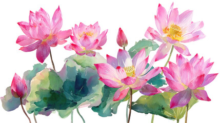 Watercolor Pink Blooming Lotus Flowers Clipart — Floral Botanical Illustration on Transparent Background

