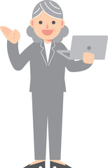パソコンを片手に説明するスーツの女性
