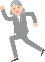 笑顔で走るスーツの女性