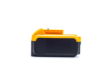 Yellow power tool battery, designed for professional use.