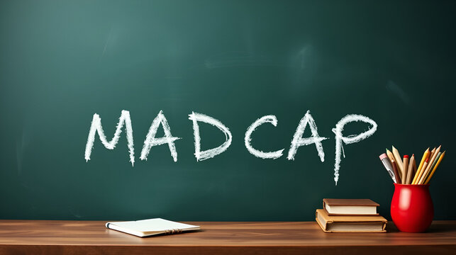 College chalk desk with the word madcap written on in
