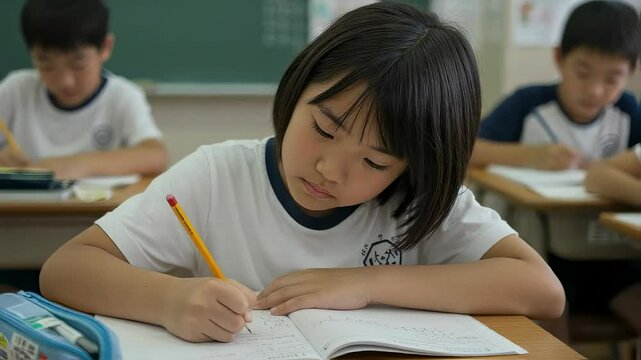 教室でノートをとって集中して勉強する、体操着姿の女子小学生