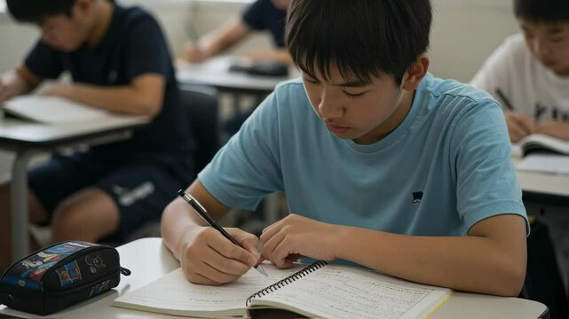 教室で集中してノートをとって勉強する、普段着の男子中学生