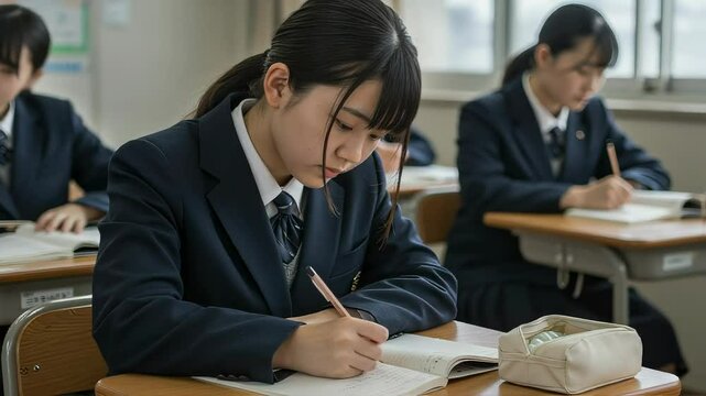 教室でノートをとって集中して勉強する、制服姿の女子高校生