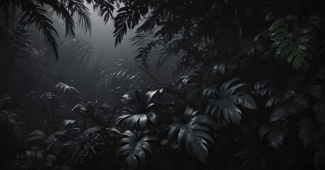 Intricate dark tropical leaves, vines, shadows on black  Lush, mysterious jungle foliage , pattern, graphics