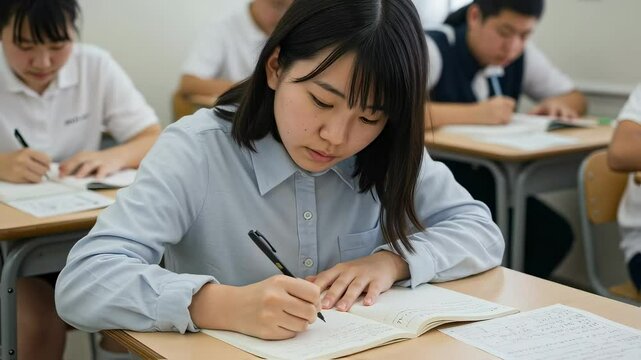 教室で集中してノートをとって勉強する、普段着の女子高生