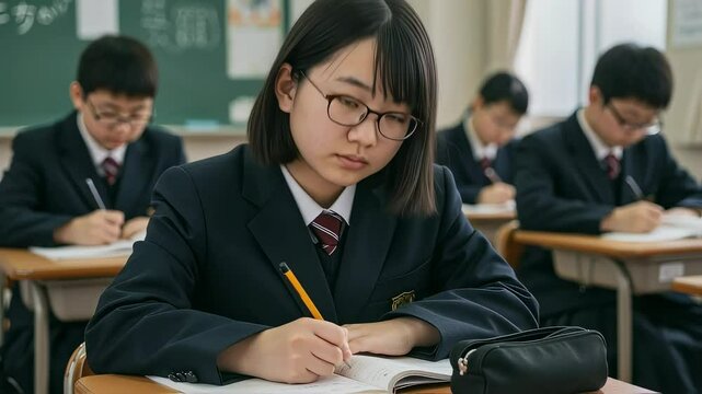教室で先生の話を聞きながらノートをとって勉強する、女子中学生