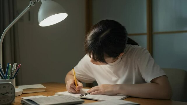 自宅でノートをとって集中して勉強する、女子中学生
