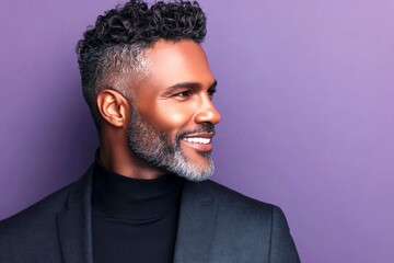 Fototapeta premium A midlife man posing for a portrait. A strong and confident man with an engaging smile. A stylish haircut framing a fashionable manâ€™s face. A smiling man in a professional portrait session.