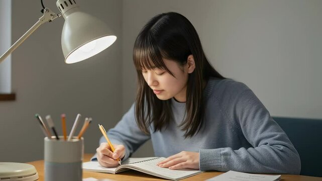 自宅でノートをとって集中して勉強する、女子高校生