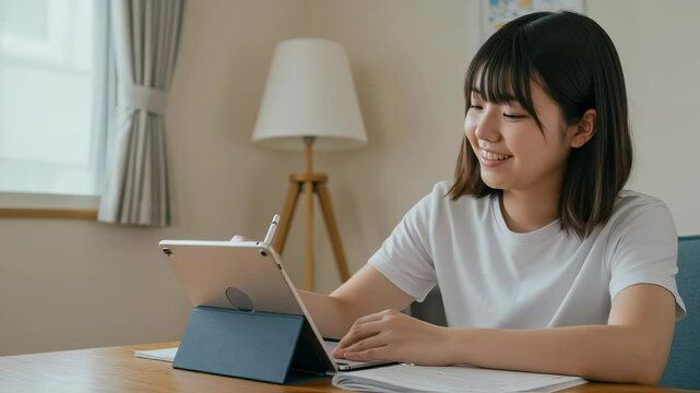 自宅でタブレットPCで勉強を楽しむ、女子中学生