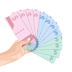 Vector illustration of Hand holding dollar bills. Several hundred dollar bills.