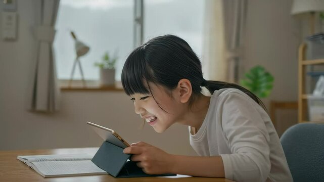 自宅でタブレットPCで楽しそうに勉強する、女子小学生