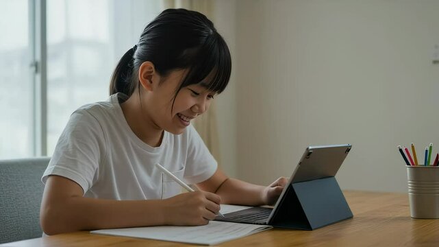 自宅でタブレットを使って楽しそうに勉強する、半袖シャツの女子小学生