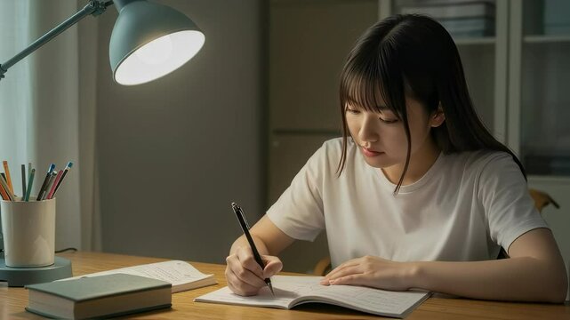 暗い自室でライトを照らしてノートをとって勉強する、女子高校生