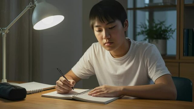 暗い自室でライトを照らしてノートをとって勉強する、男子中学生