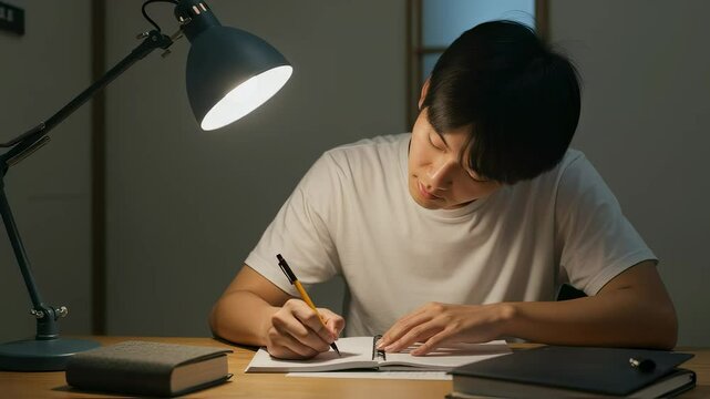 暗い部屋でライトを照らしてノートをとって勉強する、男子高校生