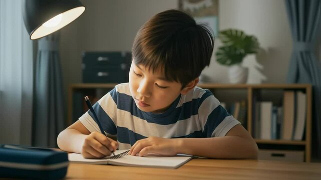 自宅で筆記用具を使ってノートをとって勉強する、男子小学生