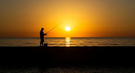 Fototapeta premium Fisherman Casting Line at Sunrise – Peaceful Nature and Outdoor Hobby Scene