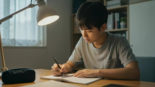 自宅でノートをとって勉強する、灰色のシャツを着た男子中学生