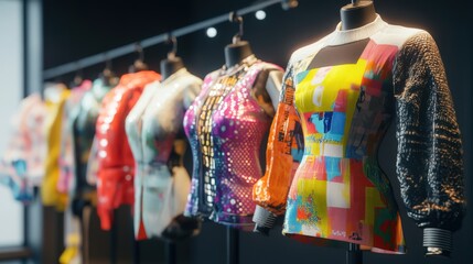 Fototapeta premium Colorful display of various women's tops on mannequins.
