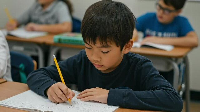 教室でノートをとって勉強する、紺のロングTシャツ姿の男子小学生