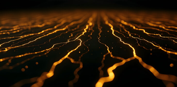 Chaotic branching circuit lines, gold on black, mimicking neural networks and power surges.