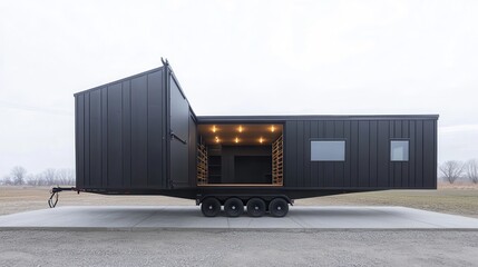 Fototapeta premium Modern modular home on a trailer, presented outdoors.