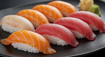 Assorted sushi nigiri pieces featuring salmon and tuna, presented on a black plate with ginger and wasabi condiments.
