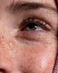 Obraz premium Extreme close-up of a young woman smiling with joyful tears, glowing skin in soft natural light, emotion captured in a quiet, radiant moment.