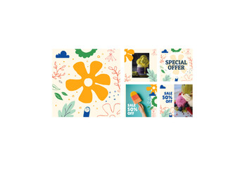 A colorful Instagram feed mockup showcasing an ice cream brand's promotional campaign. The grid features vibrant product photos alongside eye-catching sale graphics like “SALE 50% OFF” and “SPECIAL OF