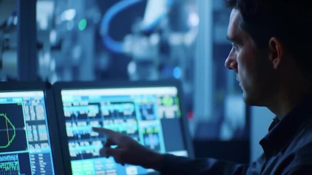 Industrial Automation Engineer Working on Computer in Modern Factory