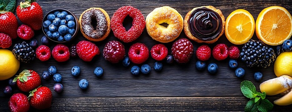 Donuts, berries, citrus, wood. Food flatlay