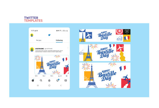 A vibrant flat-style graphic celebrating Bastille Day, featuring iconic French symbols like the Eiffel Tower, Arc de Triomphe, croissant, cheese, fleur-de-lis, and French flag, with "Happy Bastille Da