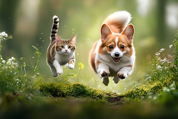 Playful dogs and cats running in lush forest nature scene pet photography joyful environment close-up view