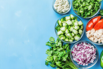 Obraz premium Vibrant array of fresh ingredients for healthy salad including colorful vegetables and tasty chicken sandwich components