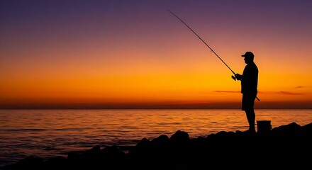 Fisherman Casting Line at Sunrise – Peaceful Nature and Outdoor Hobby Scene
