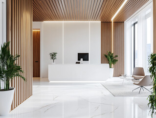 A bright and airy office space with wooden panels, indoor plants, and minimalist furniture. The design emphasizes natural light and a calm work environment.