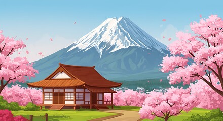 Fototapeta premium Traditional Japanese Temple with Cherry Blossoms and Scenic Mount Fuji View variation 3