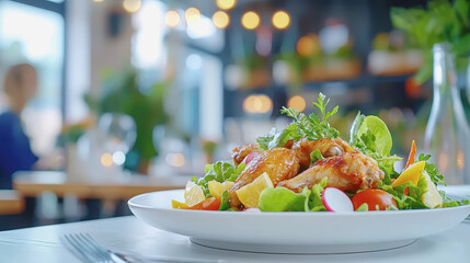 Colorful salad garnished with crunchy spicy chicken wings on a platter ready for festive party and social gatherings