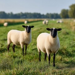 Naklejka premium Two Adorable Sheep Standing on Green Grass in a Natural Pastoral Landscape with Soft Light and a Peaceful Atmosphere Perfect for Farm-Themed Imagery