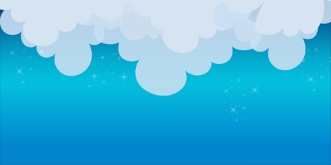 Night sky background with clouds and stars. Vector magic space illustration. Dreamy blue gradient galaxy. Cartoon cosmic fantasy universe landscape